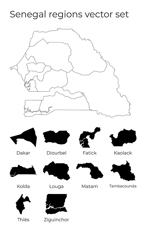 塞内加尔地图与地区的形状。