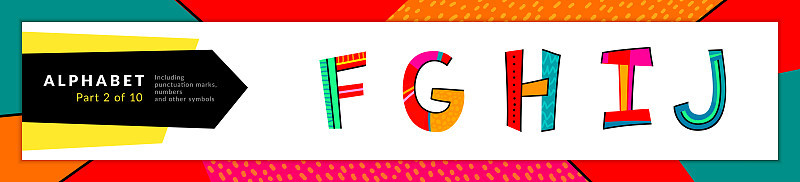 Font and alphabet. Vector stylized colorful f, g, 