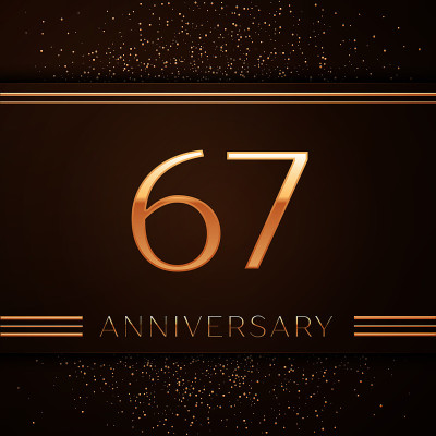 现实的67周年纪念庆祝标志。金色的数字和金色的五彩纸屑在棕色的背景上。彩色矢量模板元素为您的生日派对