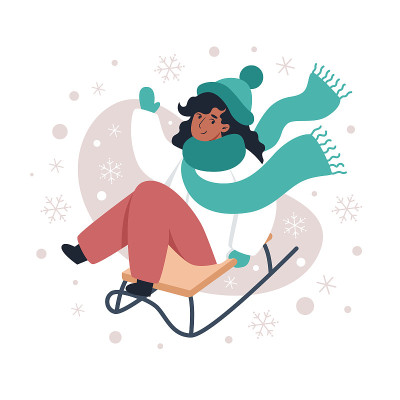 Woman sledding in winter. Illustration for Christm