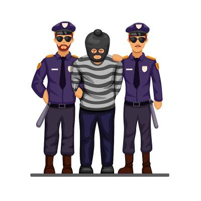 警方抓获的恐怖分子或罪犯与手铐符号概念在卡通插图矢量孤立在白色背景