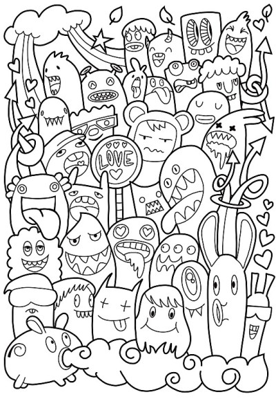 手绘的涂鸦怪兽情人节插图。黑白条纹的爱。