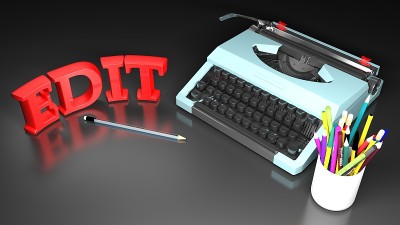 蓝色打字机与铅笔在黑色的书桌上，并写编辑- 3D渲染插图