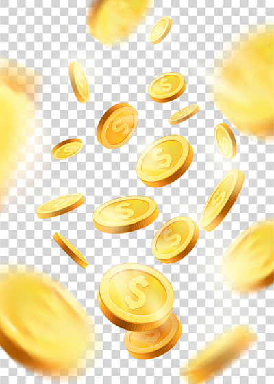 金币爆炸。孤立在透明背景上。金币下落3d，图标与阴影