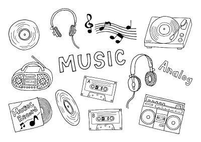 アナログ音楽のイラストセット（モノクロ）