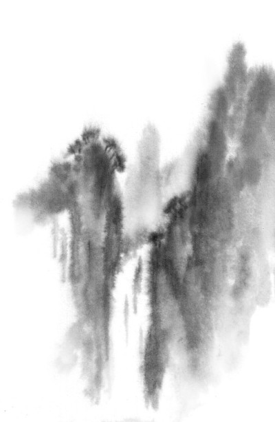 瀑布。背景与山脉。墨山风景。山在雾中。传统东方水墨画。山的风格，水的风格。黑色和白色。中式，日式传统