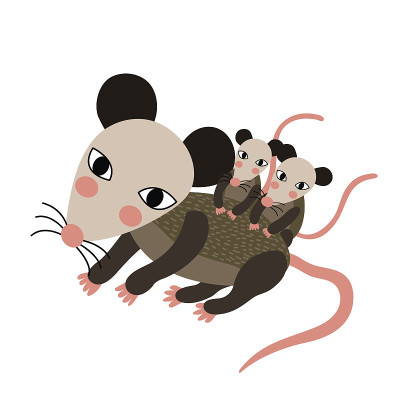 母亲和婴儿负鼠动物卡通人物矢量插图。