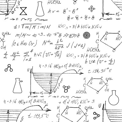 化学无缝模式与手写的各种公式和分子结构和图表。原子几何。大学讲座。科学研究如炼金术。向量。