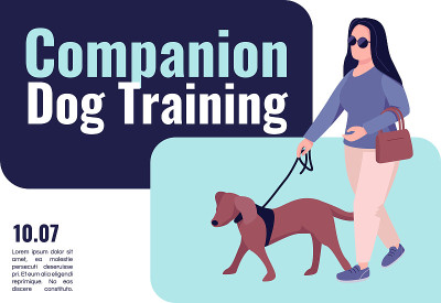同伴犬训练旗帜平坦矢量模板。宣传册，海报概念设计与卡通人物。盲人妇女用导盲动物横向传单，传单上有供文