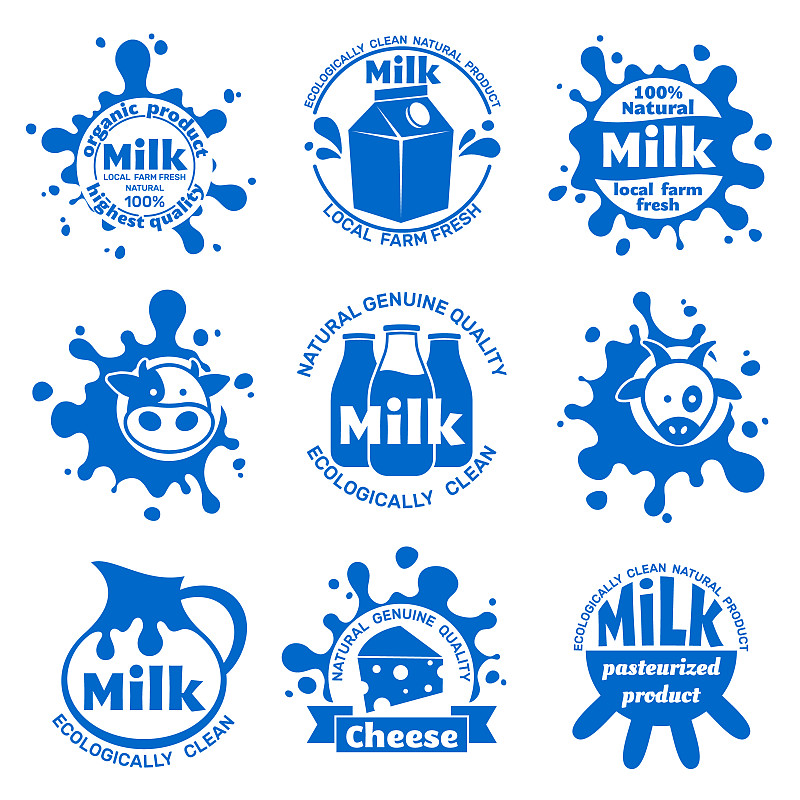 新鲜的农场牛奶标签。食品包装用健康乳制品蓝色载体标志