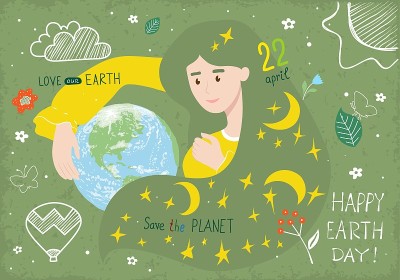 “地球日”快乐!生态社会海报，横幅或卡片。6、女人用双手保护地球。
