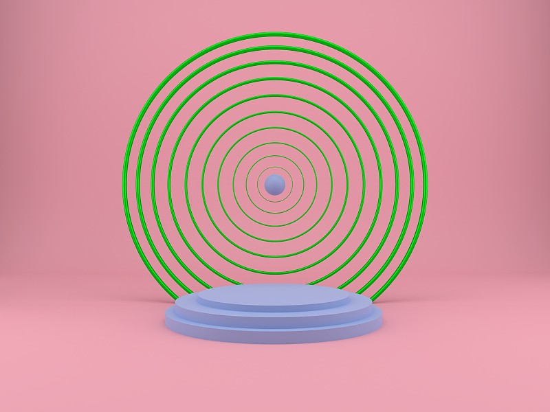 3d渲染工作室与几何形状，讲台在地板上。产品展示平台。