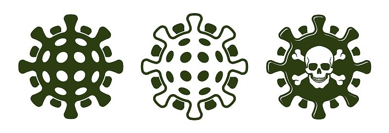 冠状病毒图标与头骨和骨头。