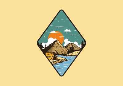 山地湖泊露营插画设计