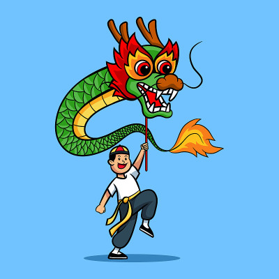欢快的男孩表演中国舞龙