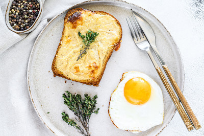 croque Monsieur sandwich with cheese and ham. Whit