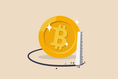 加密货币市场下跌，比特币崩溃和加密货币价格危机，交易陷阱或陷阱的概念，小偷锯地板，使比特币崩溃下跌。