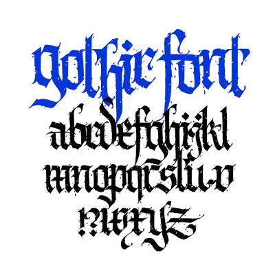 Pseudo-gothic,英语字母。向量。用于纹身、个人及商业用途的字体。字母和元素被隔离在白色背