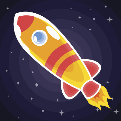带有舷窗的橙色红色条纹的太空火箭在星际间飞行