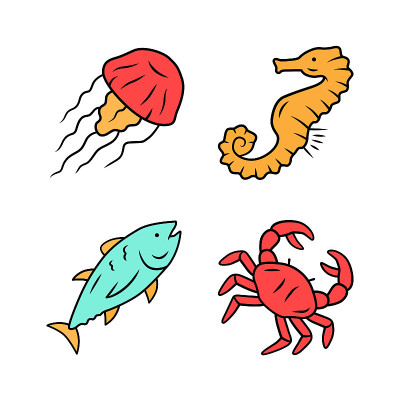 海洋动物颜色图标集。游泳金枪鱼，螃蟹，海马，水母。海鲜餐厅菜单。海洋动物。海底世界的居民。海洋鱼类和