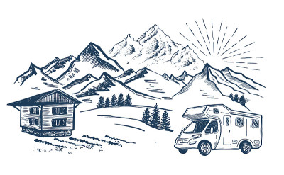 野外露营，房车，山景，手绘风格，矢量插图。