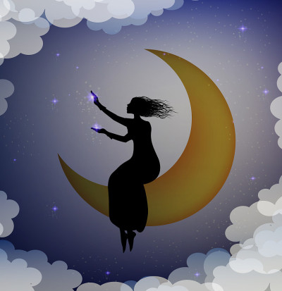女孩坐在月亮上，拿着星星，仙女在夜空中，