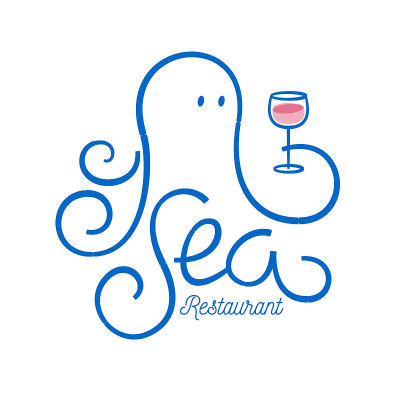 海鲜餐厅图标。章鱼盛酒杯。海鲜熟食配葡萄酒。