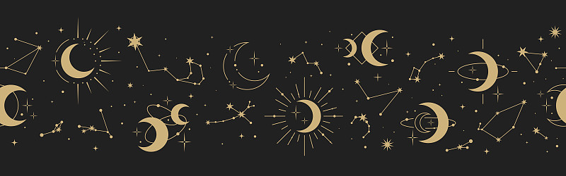 神奇的无缝矢量边界与星座，月亮和星星。黄金装饰点缀。星象学，秘传，塔罗牌，神秘和魔术的图形图案。豪华
