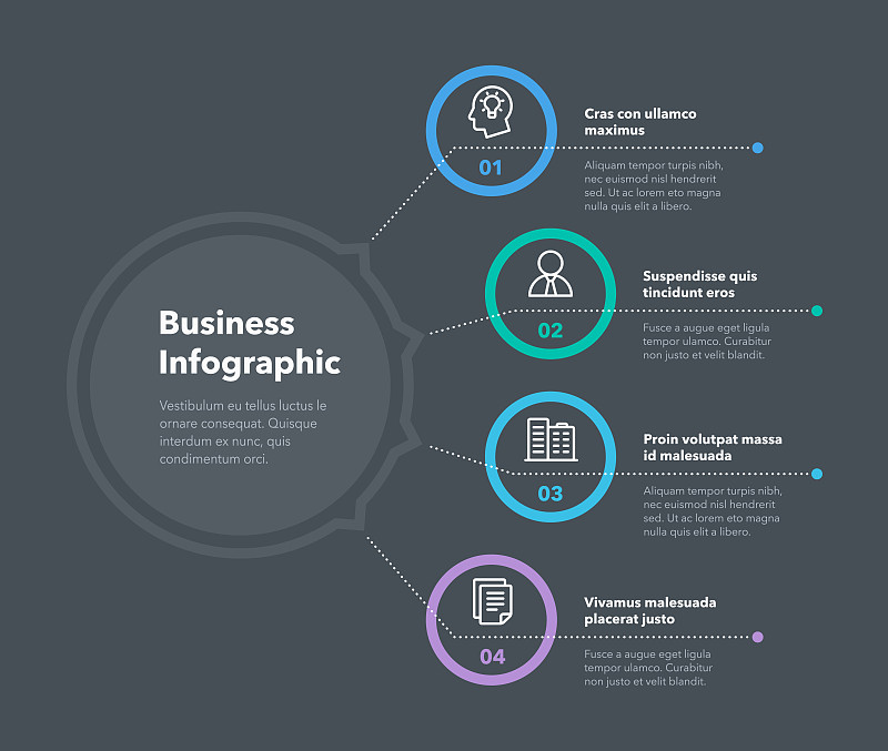 简单的业务图概念，有四个步骤，并放置您的描述-暗黑版本