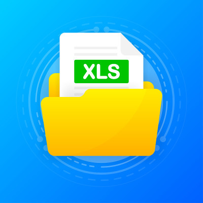 打开文件夹图标与XLS文件里面。文件夹与文件在蓝色背景。平面设计。矢量插图。