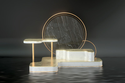 平台和金戒指的3d渲染。