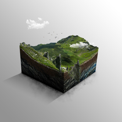 旅游和假期背景。插图与切割的地面和草地景观与山区的切割。