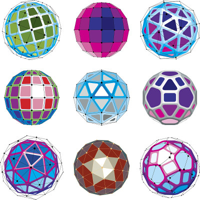 一组向量维线框低多边形物体，球形