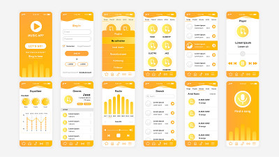 一套UI, UX, GUI屏幕音乐应用平面设计模板的移动应用