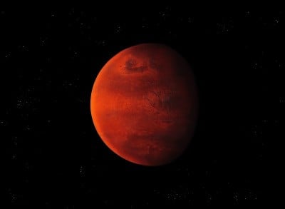 太空中神秘的红色星球。一个美丽的石头星球的表面。