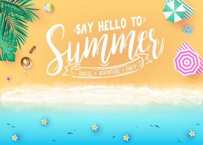 说Hello to Summer Message在海边海滩度假酒店设计顶视图创意横幅与棕榈树，热带树