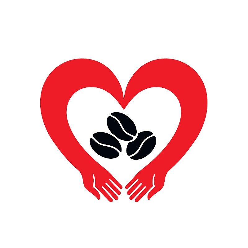 Hands hug the coffee beans. Coffee logo, icon vect