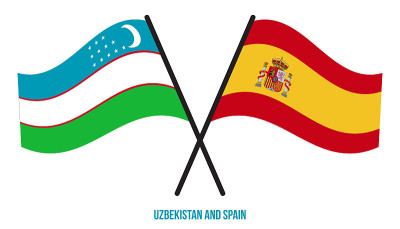 Uzbekistan and Spain Flags Crossed And Waving Flat