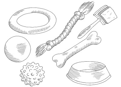 狗玩具宠物集黑白色孤立草图插图矢量