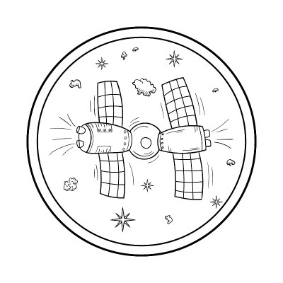 宇宙飞船对接。涂鸦式的太空物体、星星和小行星。