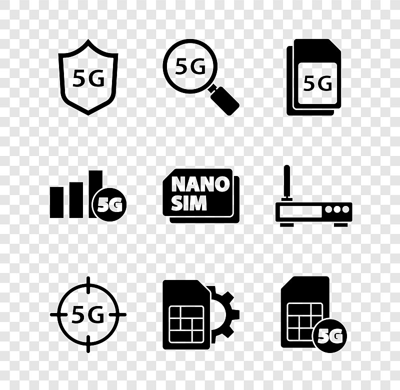 设置“防护5G”、“搜索网络”、“Sim卡”、“卡设置”、“Nano图标”。向量