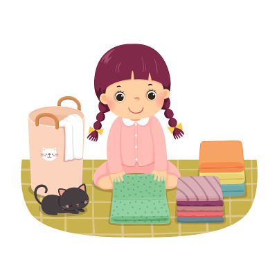 一个小女孩折叠衣服的矢量插图卡通。孩子在家做家务的概念。