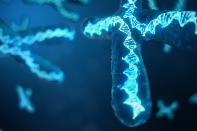 3D插图x染色体与携带遗传密码的DNA。遗传学概念，医学概念。未来,基因突变。在生物层面改变遗传密码