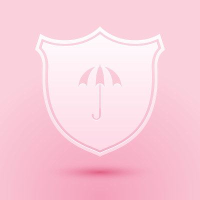 剪纸防水图标孤立在粉红色的背景。盾牌和雨伞。水保护标志。耐水的象征。纸艺术风格。向量