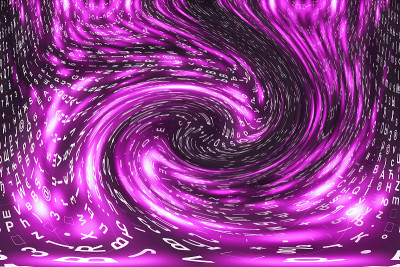 粉色矩阵数字背景。扭曲的网络空间的概念。人物落入虫洞。入侵矩阵。虚拟现实设计。复杂的算法数据黑客。粉