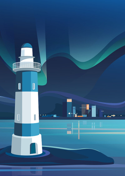 夜城背景上的灯塔。