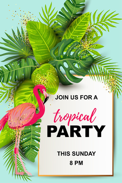 Pink flamingos and exotic palm leaves.
