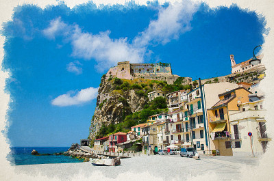 水彩画的海滨小镇村庄Scilla与古老的中世纪城堡在岩石Castello Ruffo，色彩丰富的传统