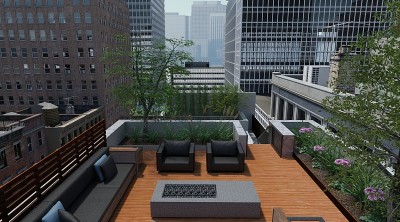 屋顶花园的高层建筑的三维插图