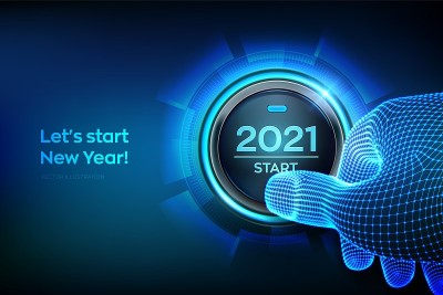2021年开始。手指即将按下一个带有文字的按钮2021年开始。新年快乐。2021年新年即将到来。矢量